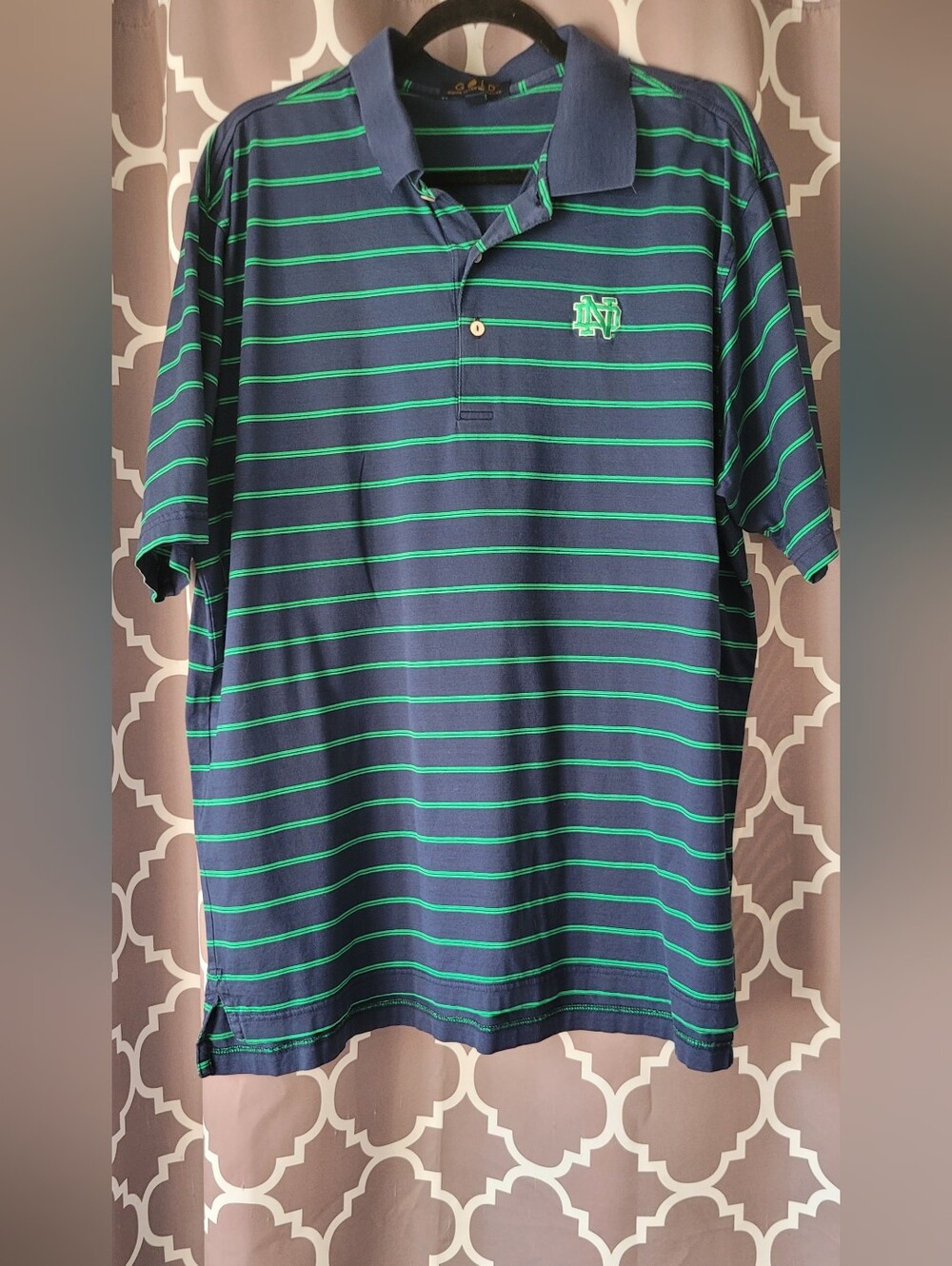 Peter Millar Notre Dame Fighting Irish Navy Polo with Green Stripes